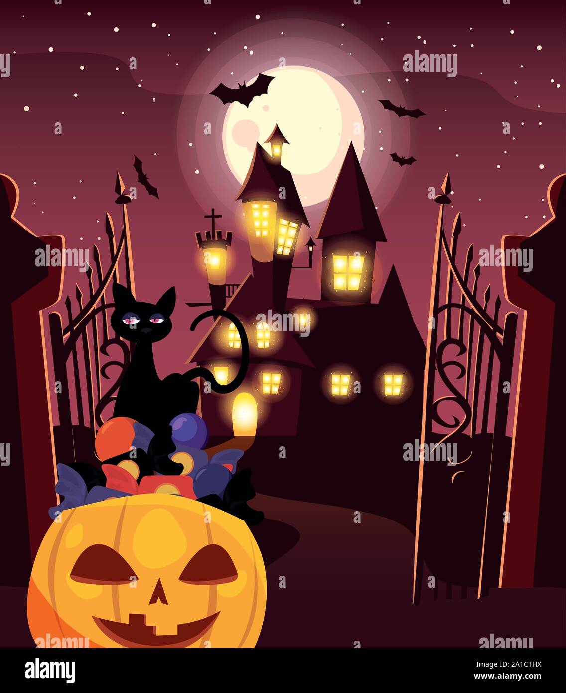 pumpkin with black cat in scene of halloween vector illustration design ...