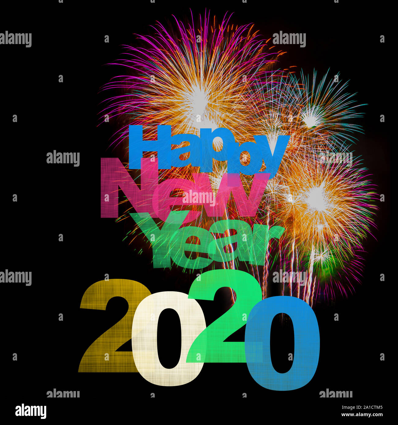 Happy New Year Celebration Text with Festive Fireworks in Night Sky ...