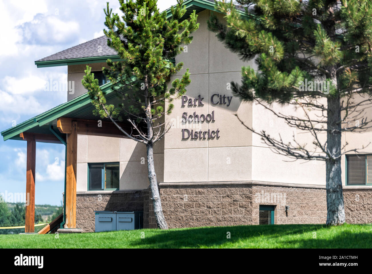 Park City, USA - July 25, 2019: School District building sign in ski resort town in Utah during summer with nobody Stock Photo