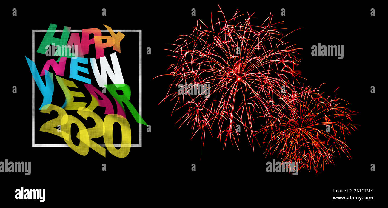Happy New Year Celebration Text with Festive Fireworks in Night Sky ...