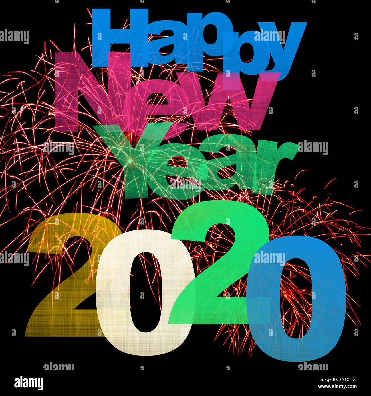 Happy New Year Celebration Text with Festive Fireworks in Night Sky ...