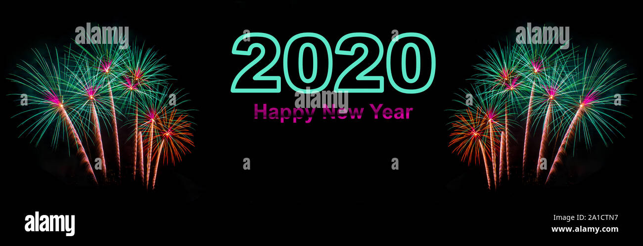 Happy New Year Celebration Text with Festive Fireworks in Night Sky ...