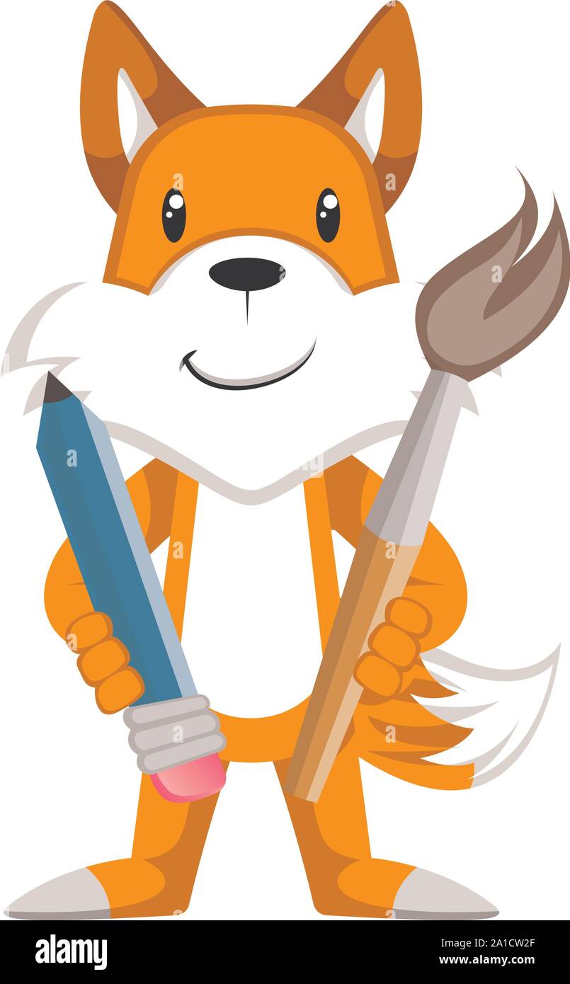 Fox with paint brush, illustration, vector on white background. Stock Vector