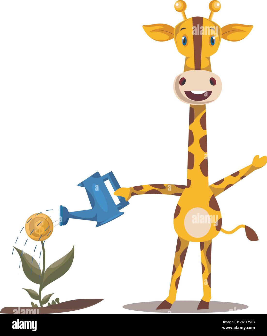 Giraffe watering plants, illustration, vector on white background. Stock Vector