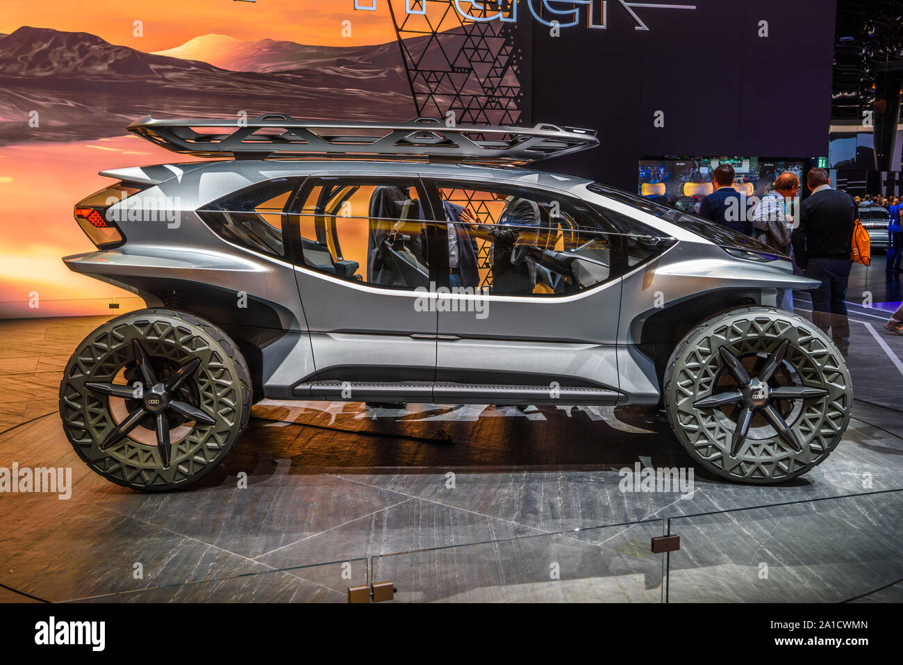 FRANKFURT, GERMANY - SEPT 2019: silver AUDI AI TRAIL all electric offroad concept car, IAA International Motor Show Auto Exhibtion. Stock Photo