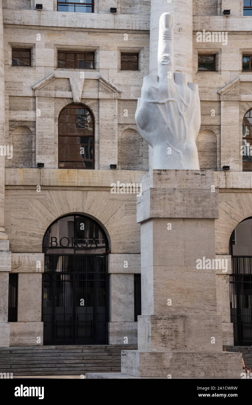 L.O.V.E (2011), a 36-foot white marble sculpture middle finger sticking  straight up from an otherwise fingerless hand, pointing away from Borsa  Italia Stock Photo - Alamy