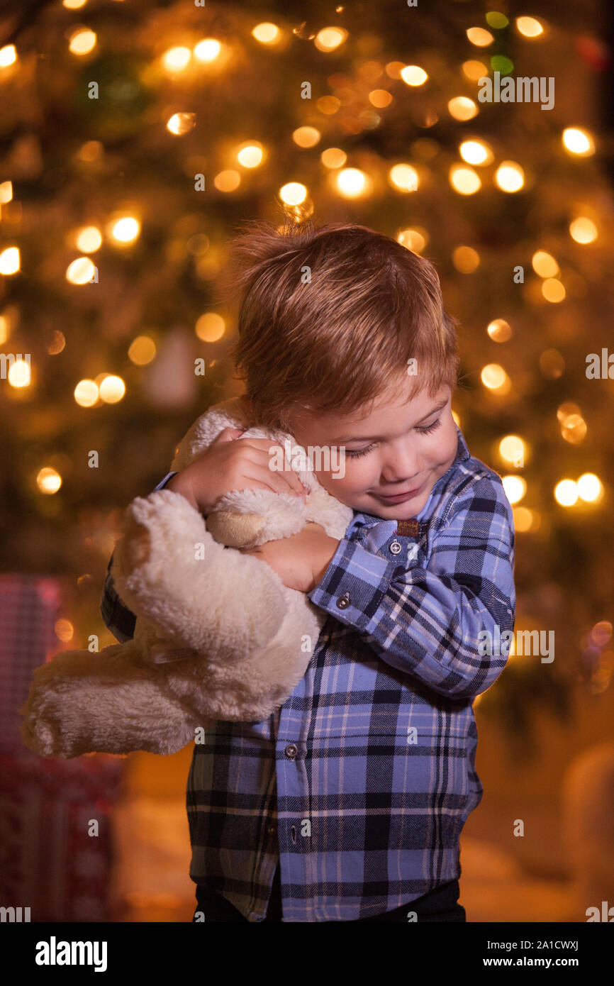 Little caucasian boy is hugging his teddy bear in fron of the Christmas tree Stock Photo