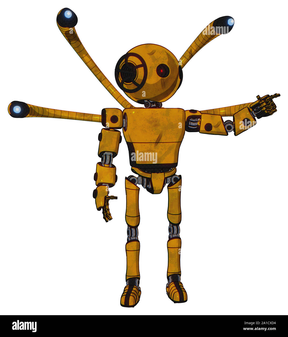 Robot containing elements: oval wide head, small red led eyes, light ...