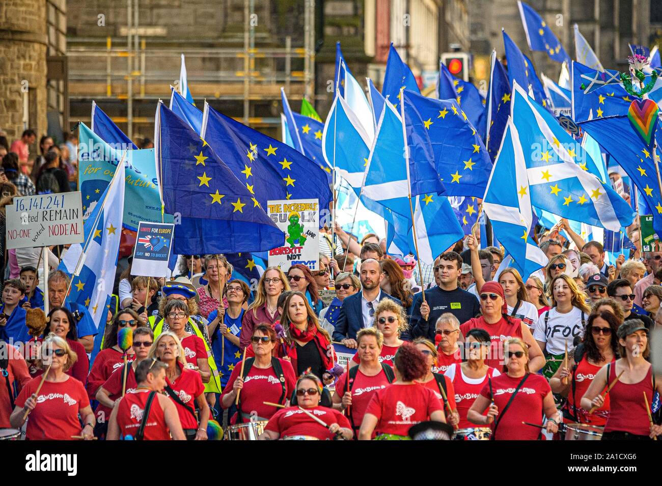 Protesters holding placards and flags during the march.Organized by European Movement in Scotland as well as Edinburgh For Europe, protesters took to the streets of Edinburgh to demand MPs revoke Article 50 to prevent a no-deal and that the EU shares a notion to combat climate change. Stock Photo