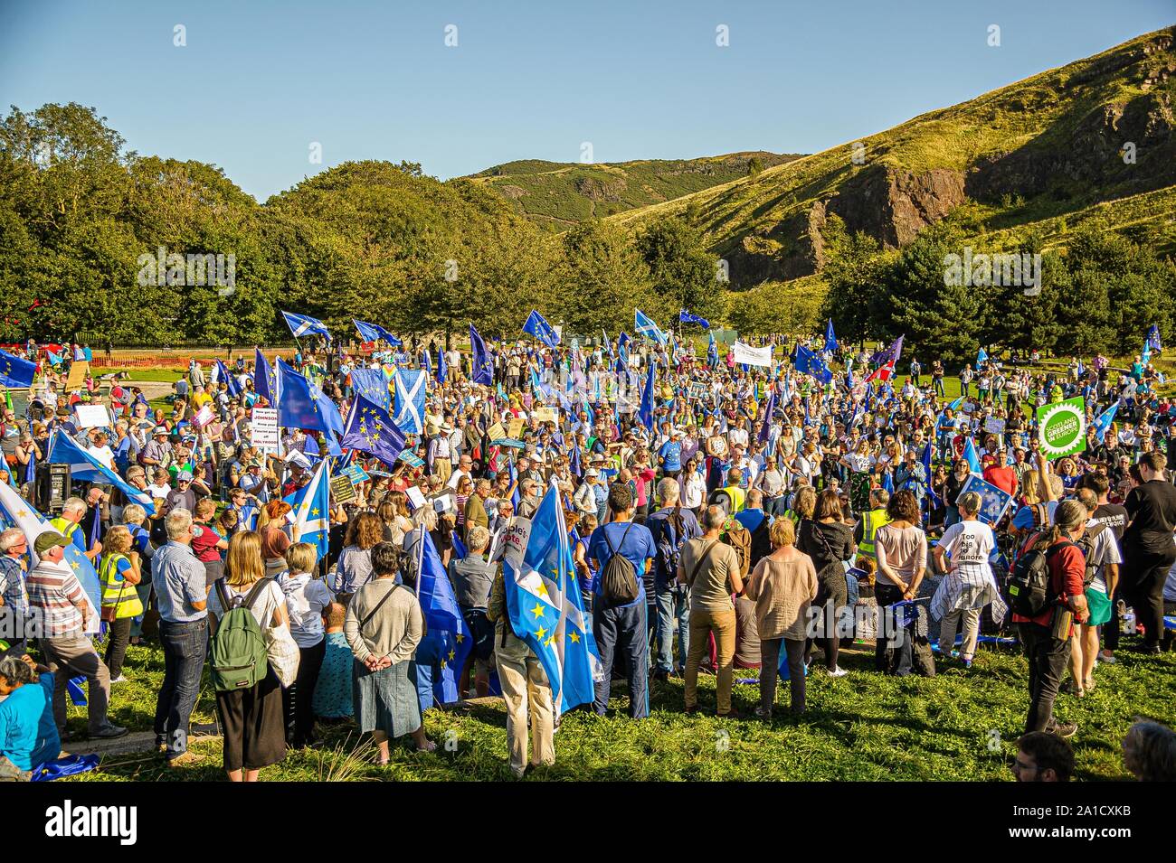 Crowd of protesters outside Scottish Parliament.Organized by European Movement in Scotland as well as Edinburgh For Europe, protesters took to the streets of Edinburgh to demand MPs revoke Article 50 to prevent a no-deal and that the EU shares a notion to combat climate change. Stock Photo