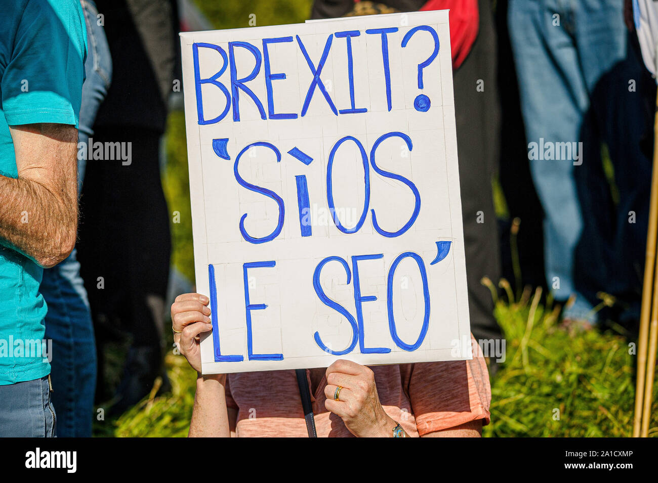 A protester holds a placard during the demonstration outside Scottish Parliament.Organized by European Movement in Scotland as well as Edinburgh For Europe, protesters took to the streets of Edinburgh to demand MPs revoke Article 50 to prevent a no-deal and that the EU shares a notion to combat climate change. Stock Photo