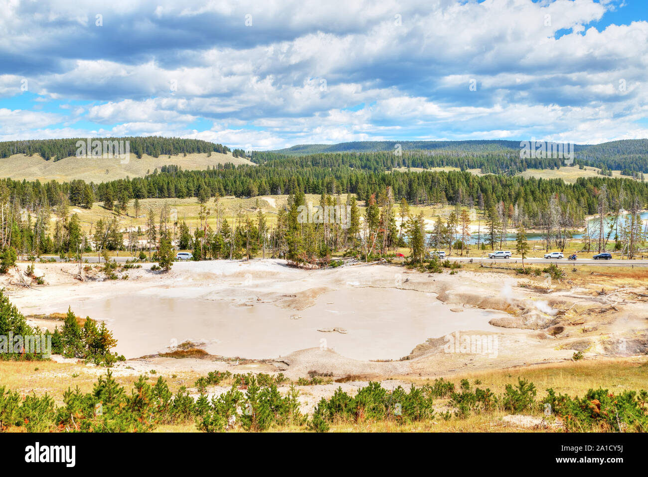 Mud Geyser, once a regularly performing geyser in thick forest, has now evolved into a large, open, muddy pool at Mud Volcano in Yellowstone National Stock Photo