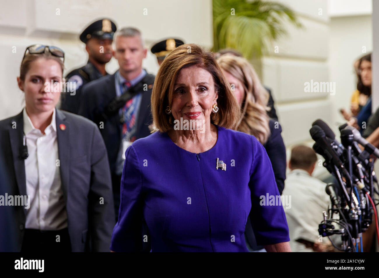 Beijing, China. 24th Sep, 2019. U.S. House Speaker Nancy Pelosi walks to her office on Capitol Hill in Washington, DC Sept. 24, 2019. Nancy Pelosi announced Tuesday the initiation of a formal impeachment inquiry against President Donald Trump over the latter's controversial phone call with the Ukrainian president. Credit: Ting Shen/Xinhua Stock Photo