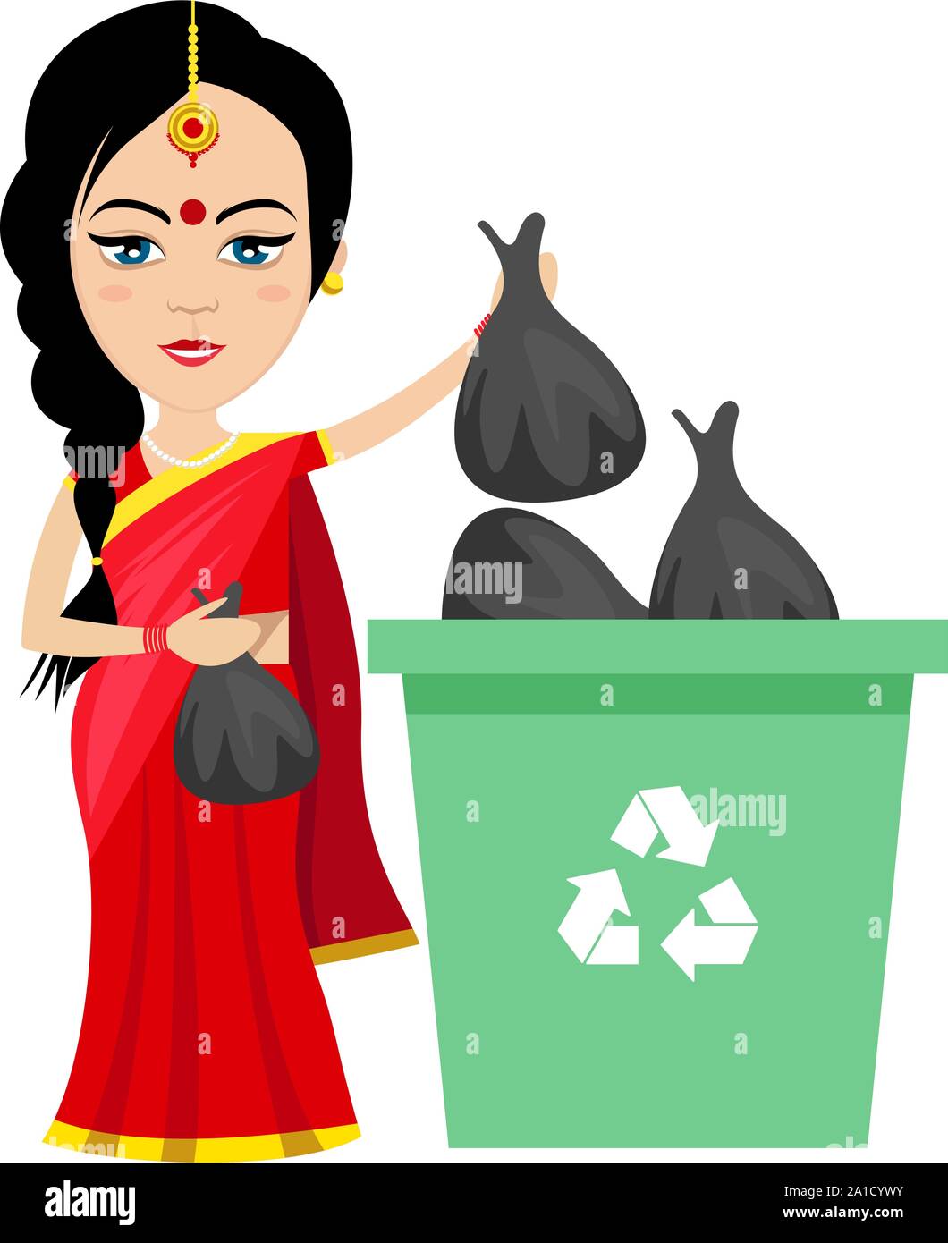 Indian woman taking trash out , illustration, vector on white background. Stock Vector