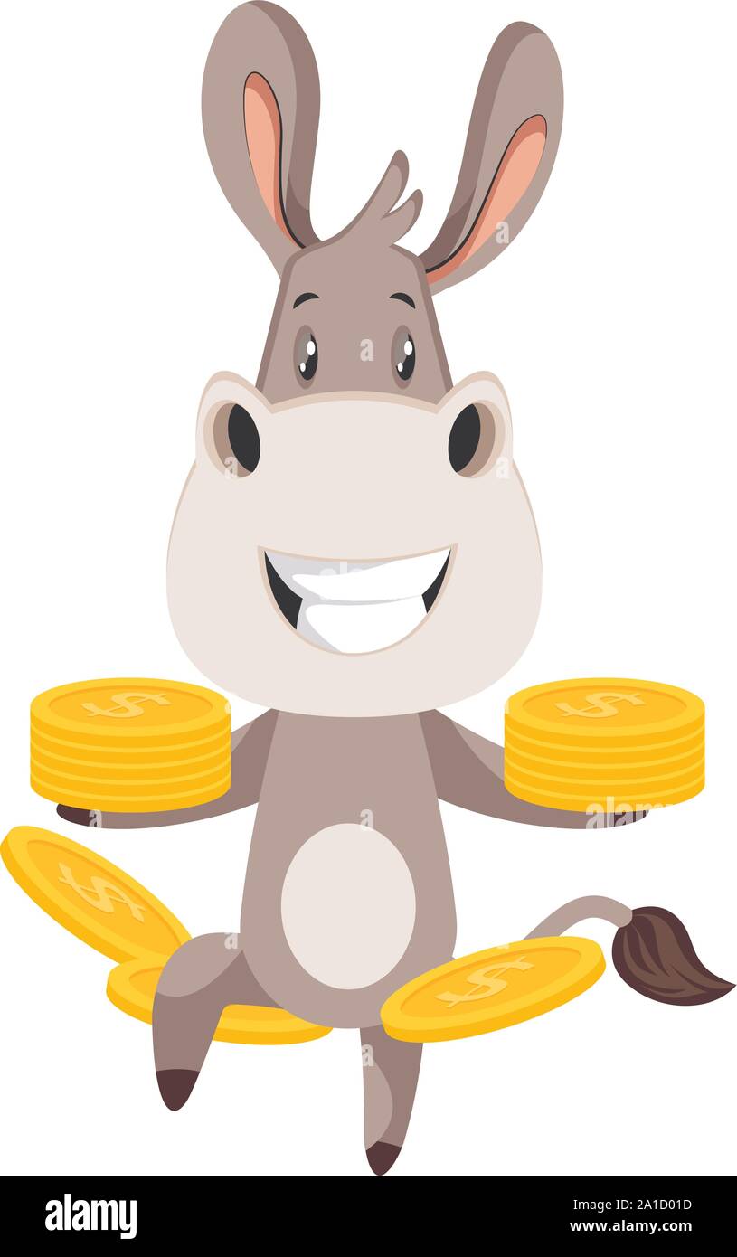 Donkey with coins, illustration, vector on white background. Stock Vector