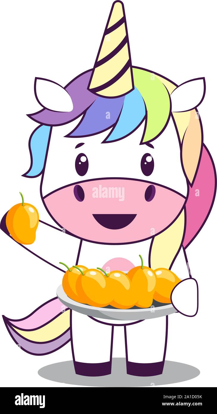 Unicorn with mangos, illustration, vector on white background. Stock Vector