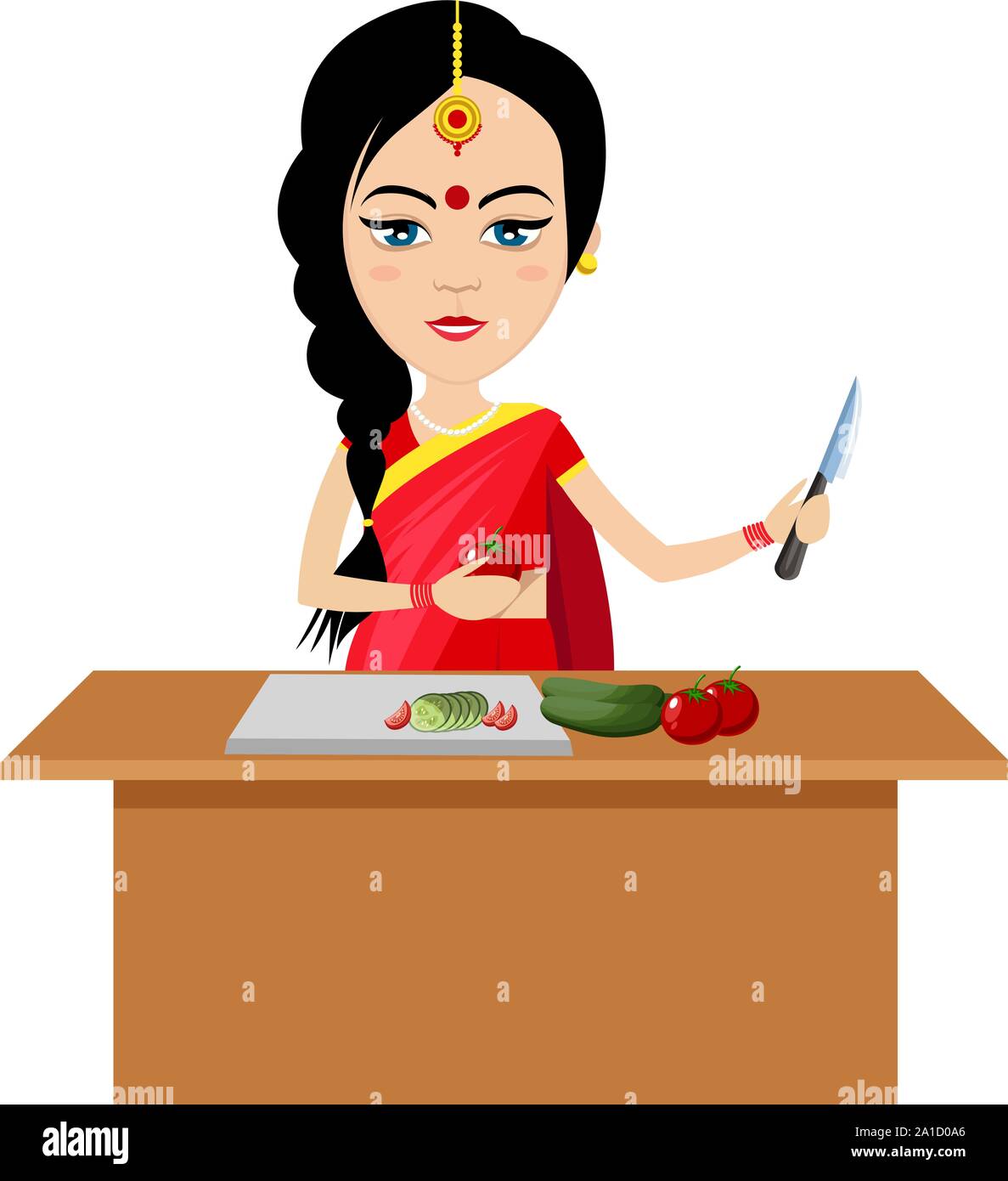 Indian woman working, illustration, vector on white background. Stock Vector