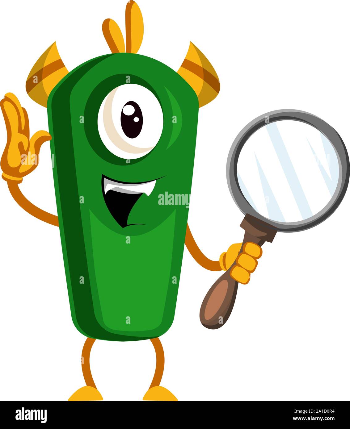 Monster with magnifying glass, illustration, vector on white background. Stock Vector
