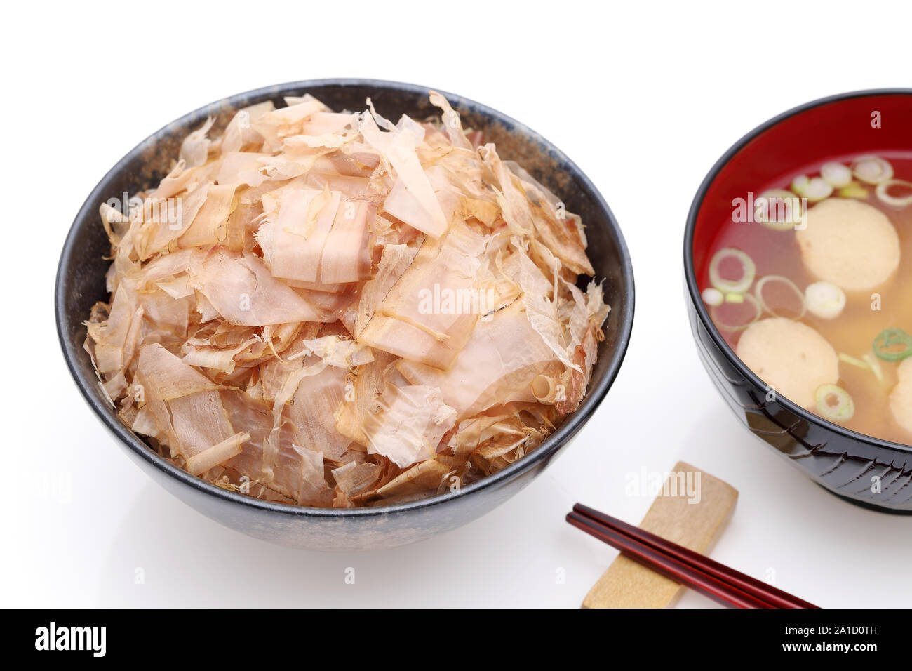 Japanese food, Katuobushi on cooked rice on white background Stock Photo