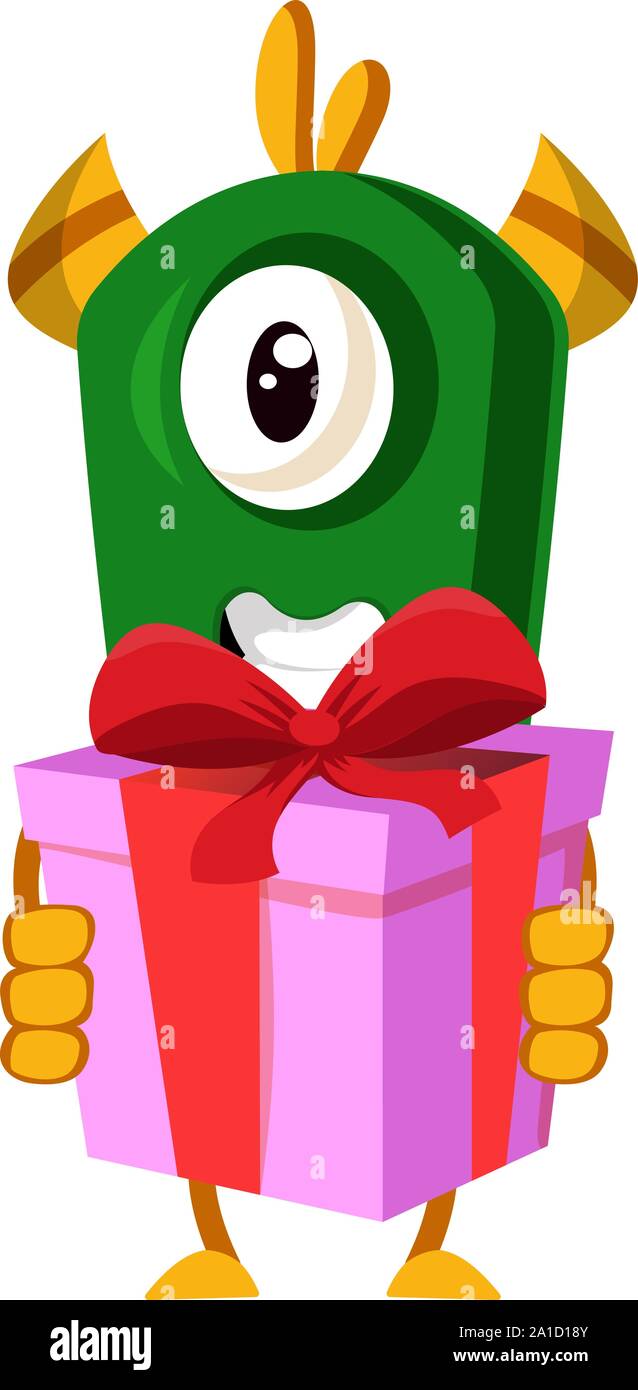 Monster with birthday present, illustration, vector on white background. Stock Vector