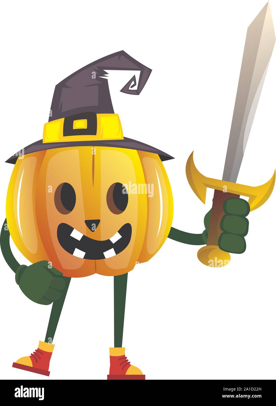 Pumpkin with sword, illustration, vector on white background. Stock Vector