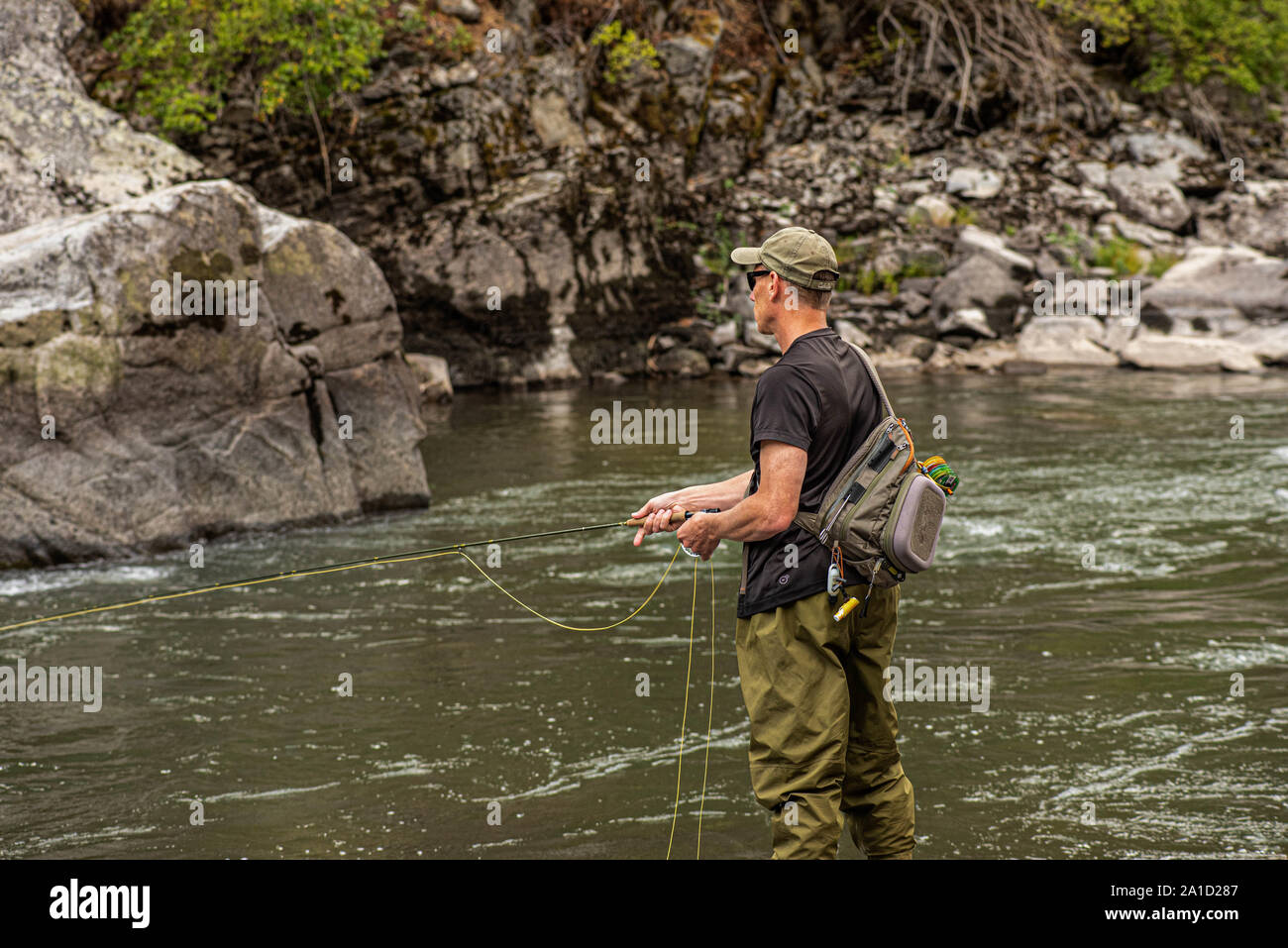 Fly fisherman casting in the mountain stream. Stock Photo