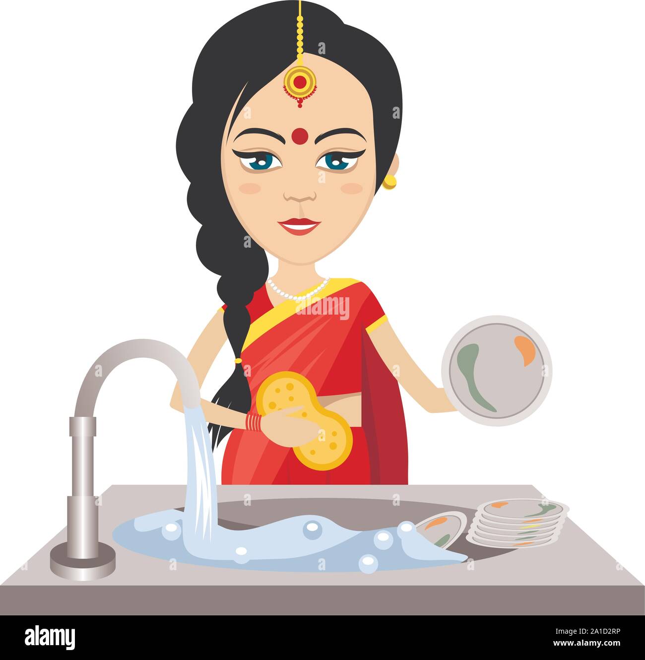 Indian woman washing dishes , illustration, vector on white background. Stock Vector