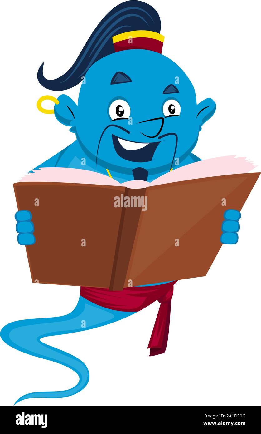 Genie with book, illustration, vector on white background. Stock Vector