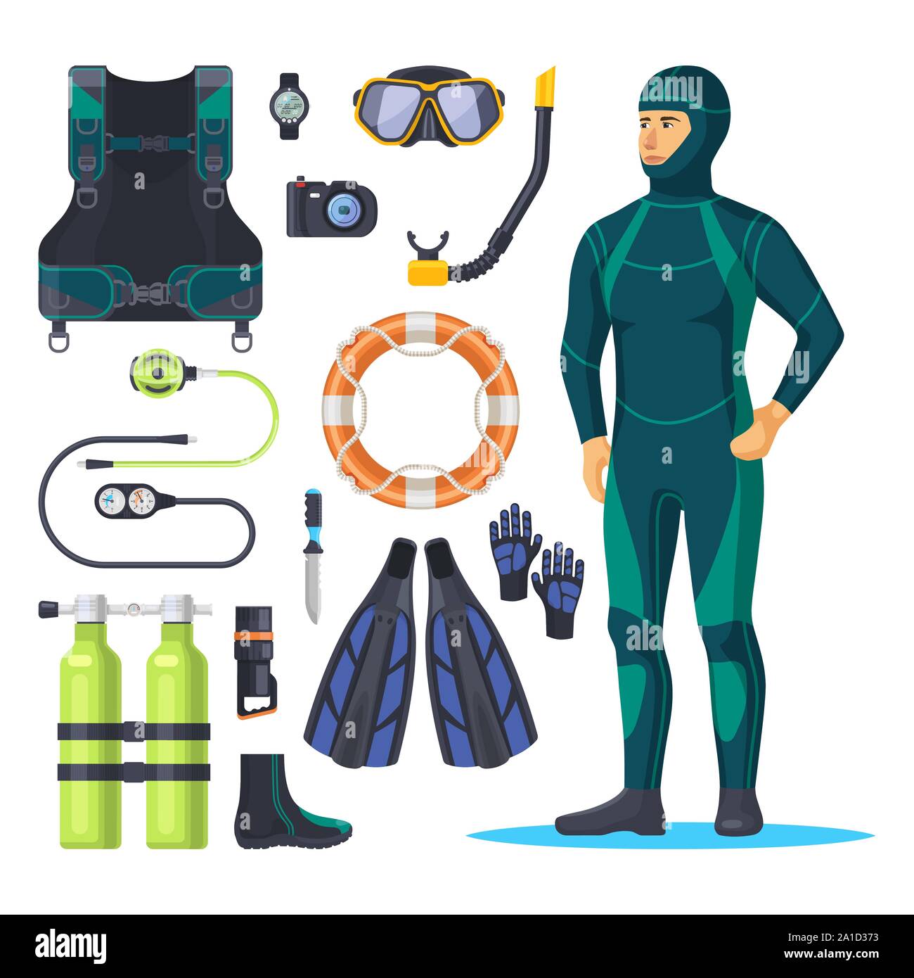 Diver in scuba diving suit, snorkeling man. Stock Vector