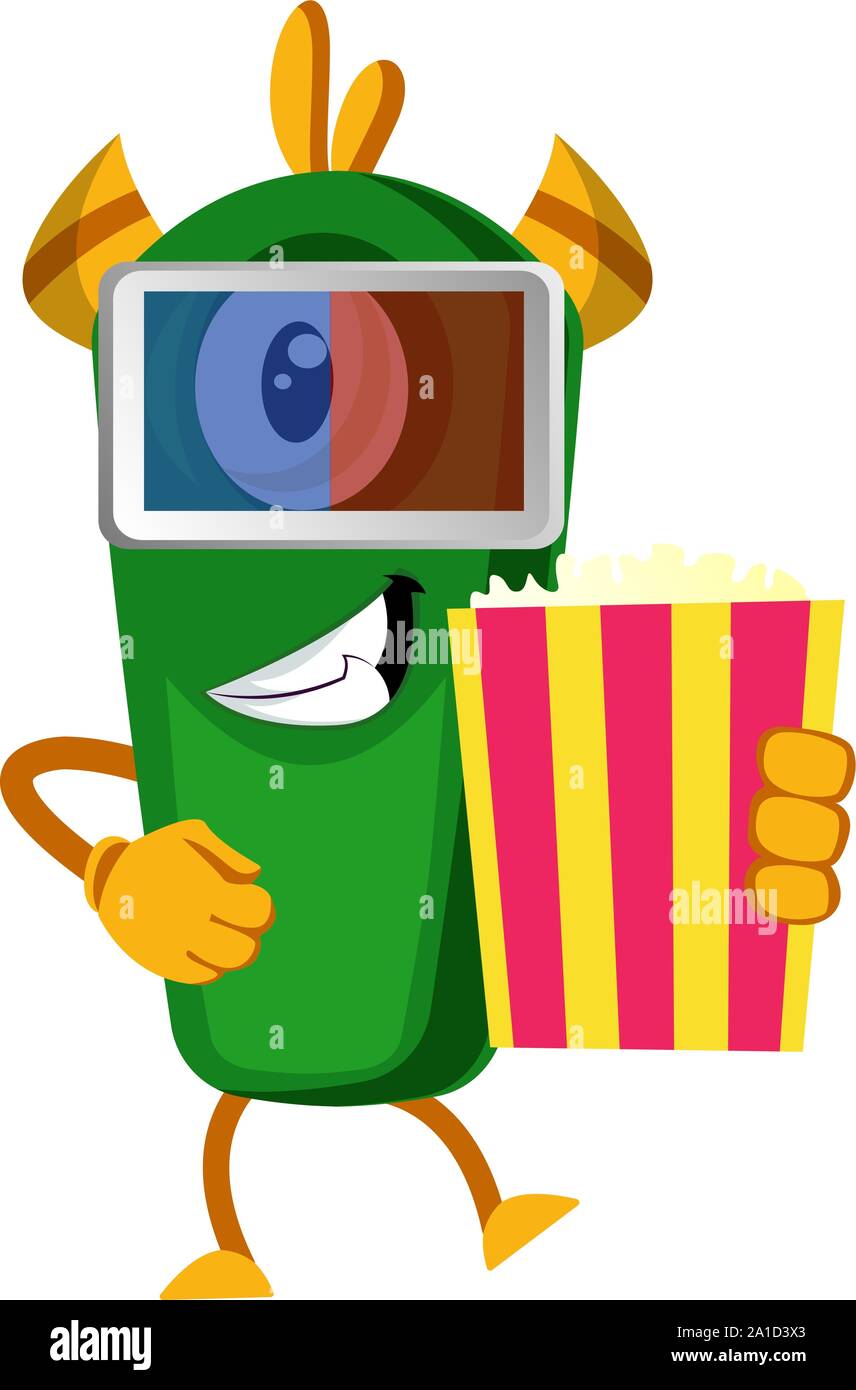 Monster with popcorn, illustration, vector on white background. Stock Vector