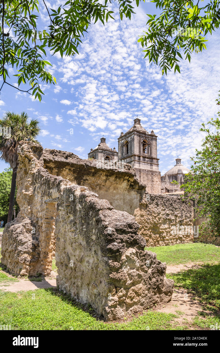 Mission Concepcion in San Antonio, Texas is the oldest unrestored stone church in America, built in 1755 Stock Photo