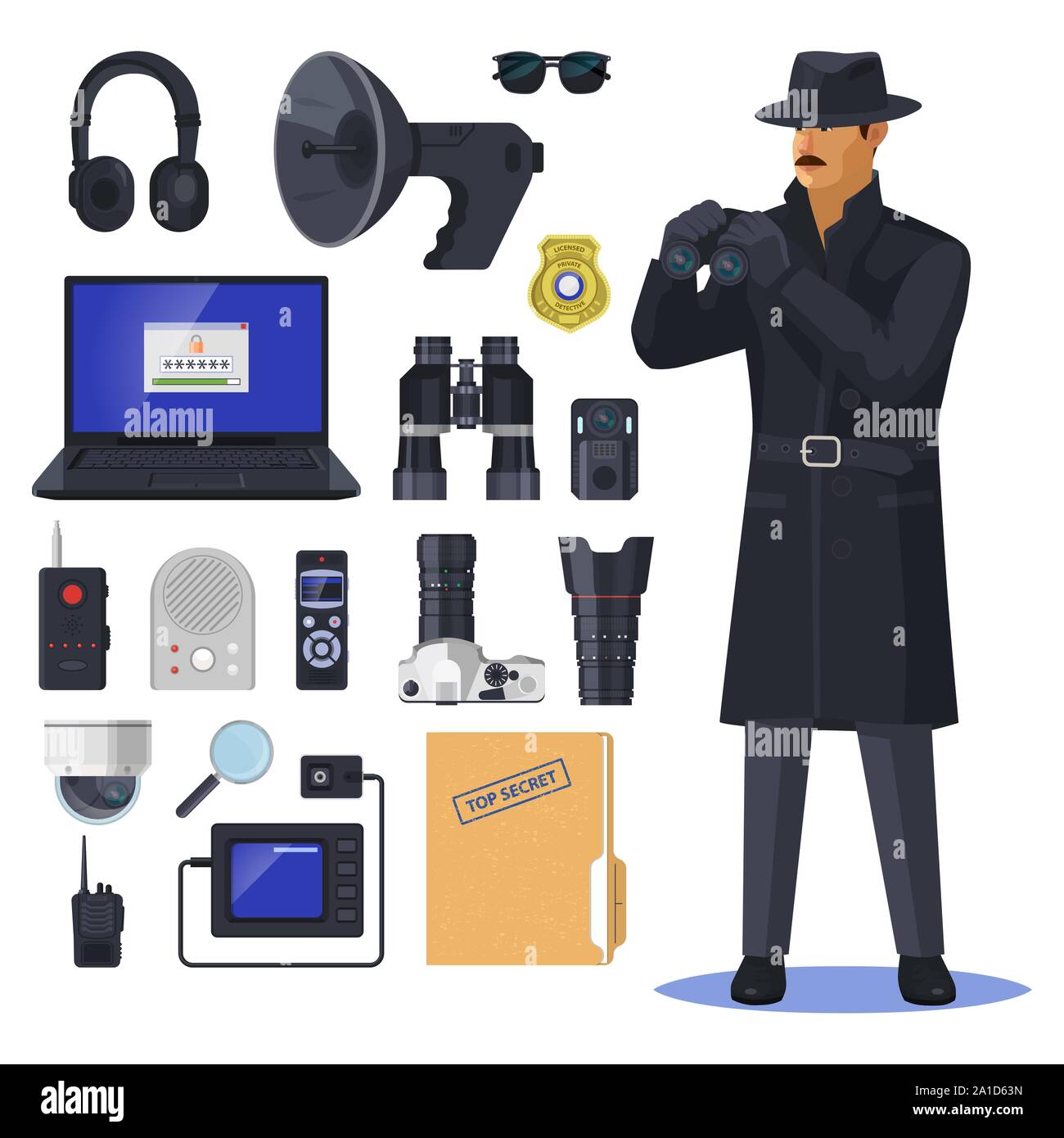 Detective items near spy or investigation officer Stock Vector