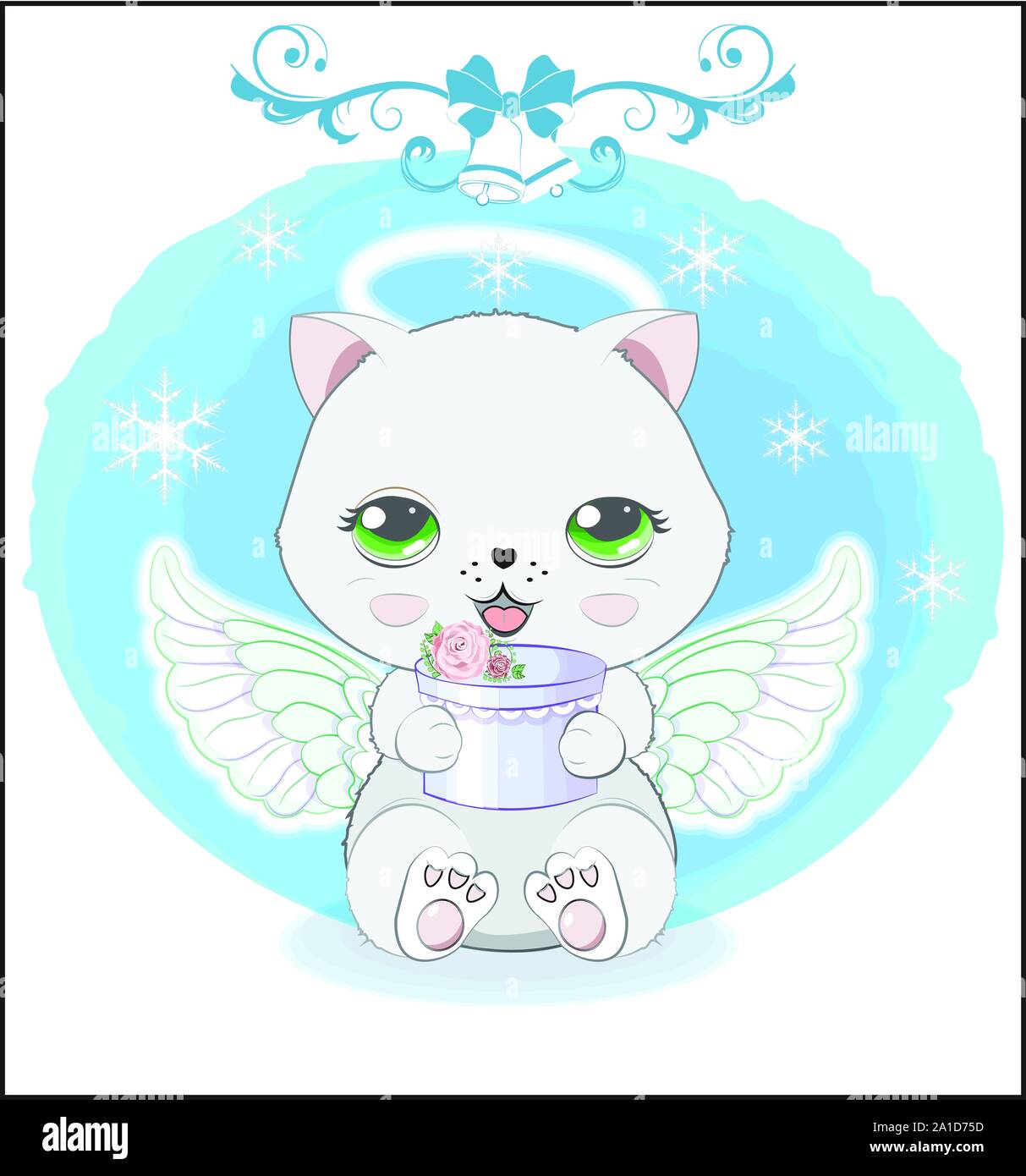 lovely cute white Christmas cat angel,  little kitten wifh gift. The picture in hand drawing style, Happy new year and Christmas card Stock Vector