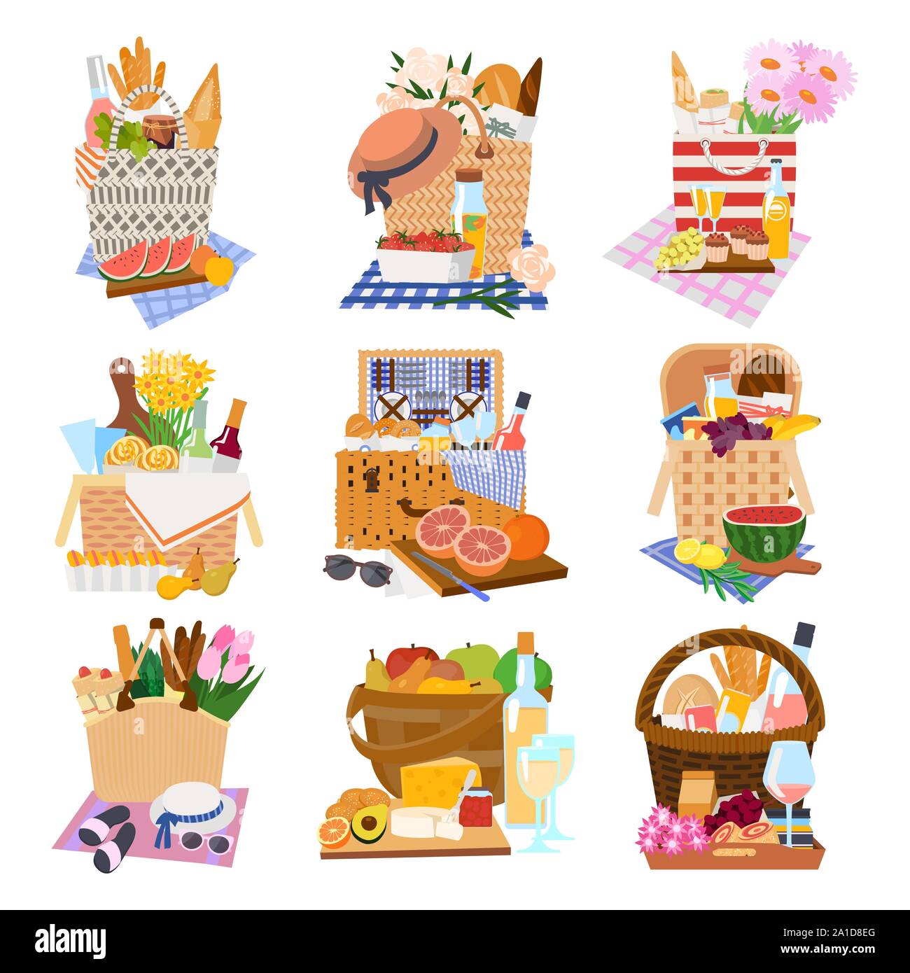 Gift or picnic, holiday baskets on tablecloth. Stock Vector