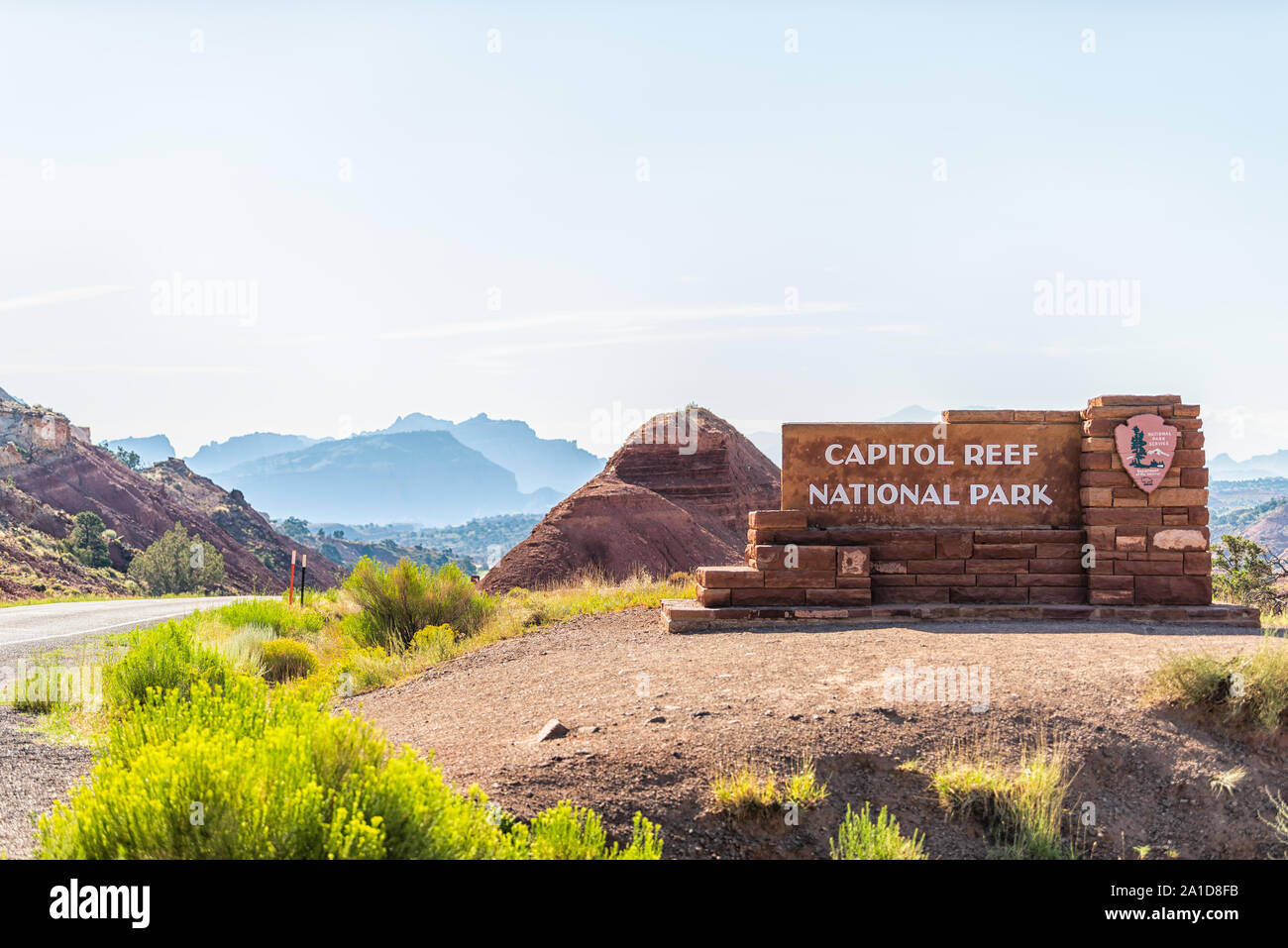 Fruita, USA - August 1, 2019: Welcome sign in Capitol Reef National Monument in summer with National Park Service NPS symbol logo Stock Photo