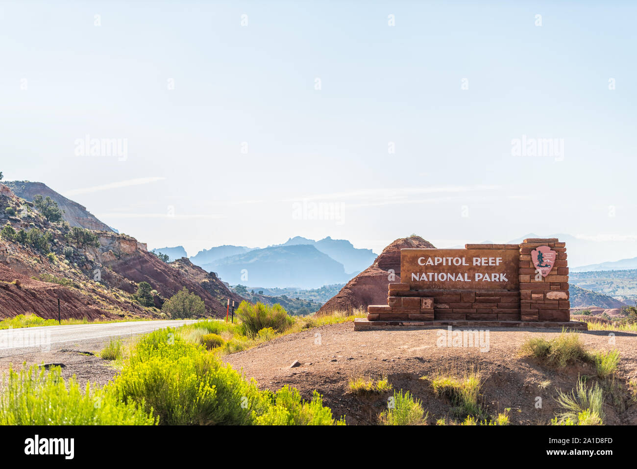 Fruita, USA - August 1, 2019: Welcome sign text in Capitol Reef National Monument in summer with National Park Service NPS symbol logo Stock Photo