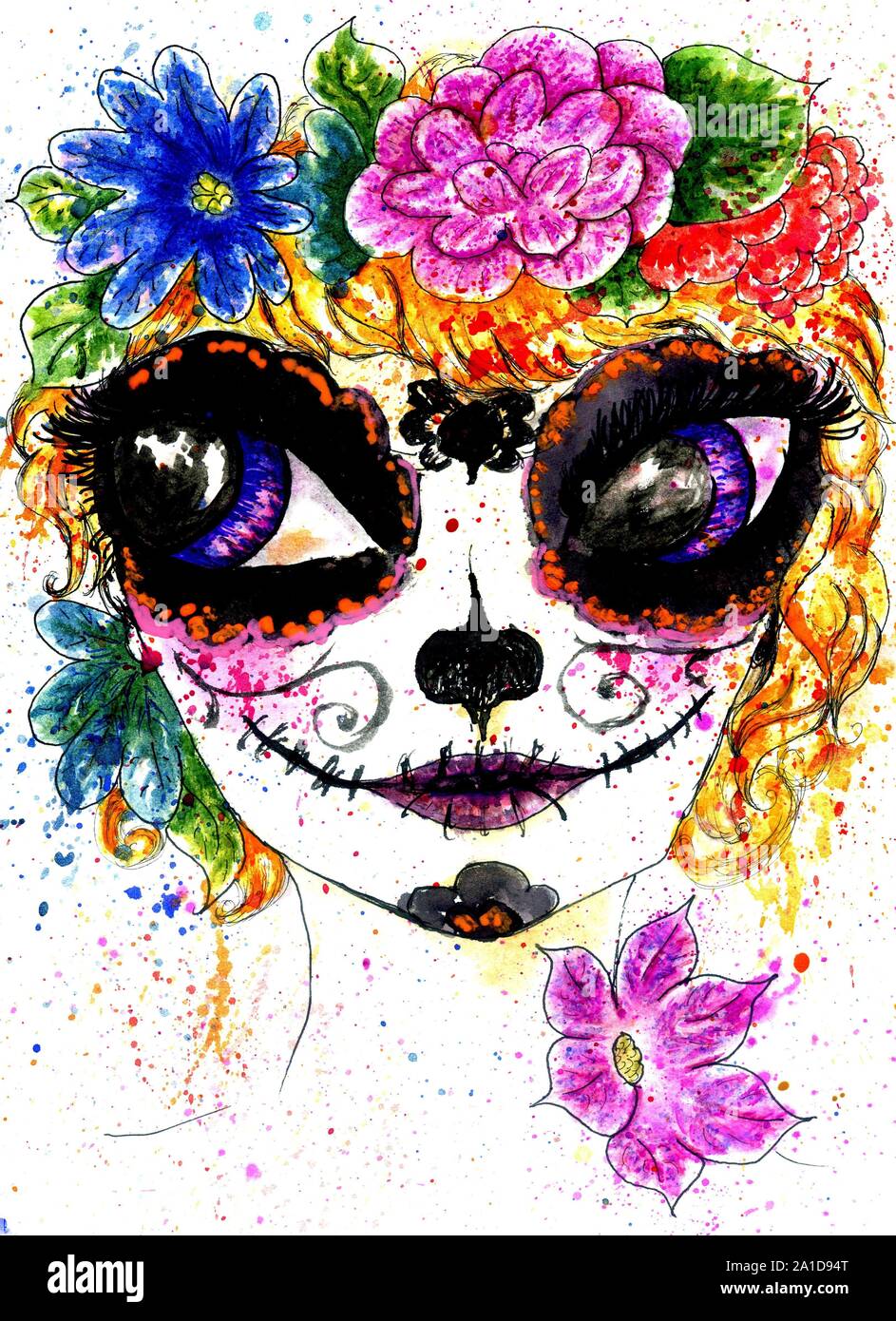 sugar skull and flowers drawing