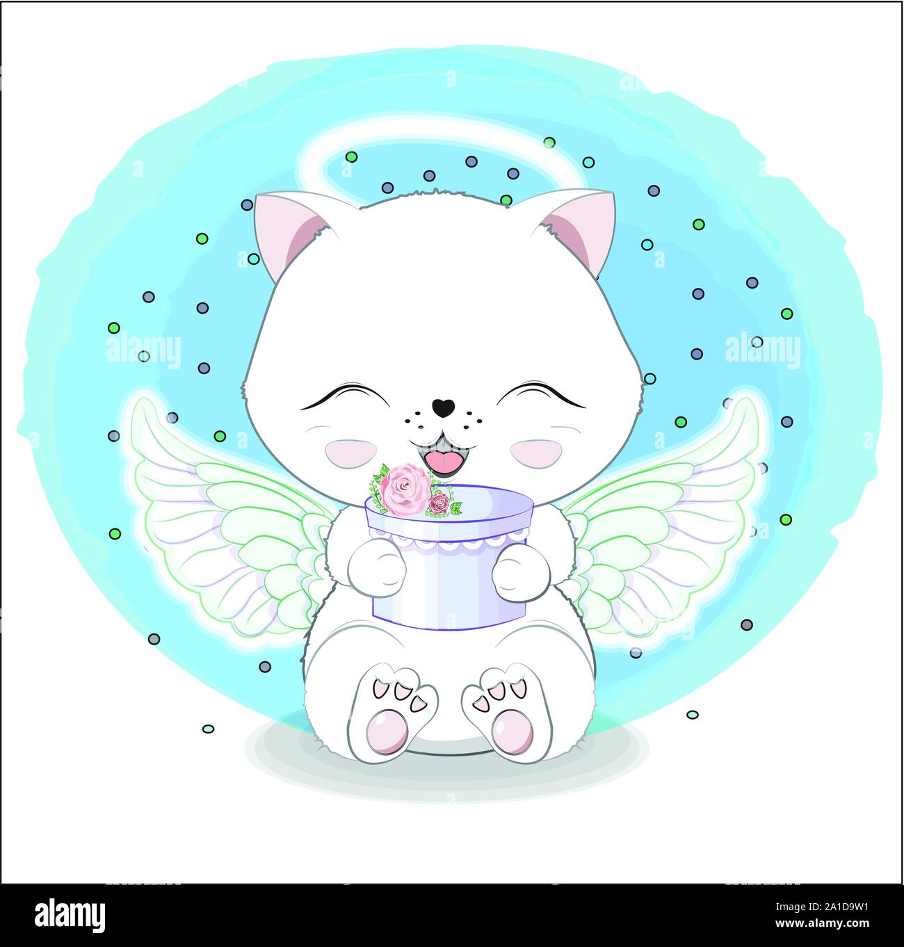 lovely cute white angel kitten little kitten wifh gift.  Happy birthday greeting card Stock Vector