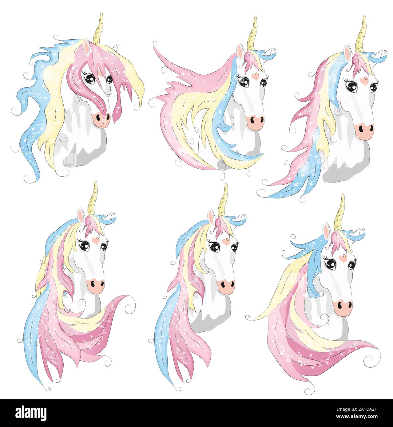 Cute unicorn horse with gold horn and beauty rainbow hair. Cute unicorn  face cartoon character illustration. Girls magic concept. Isolated on white  ba Stock Vector Image & Art - Alamy