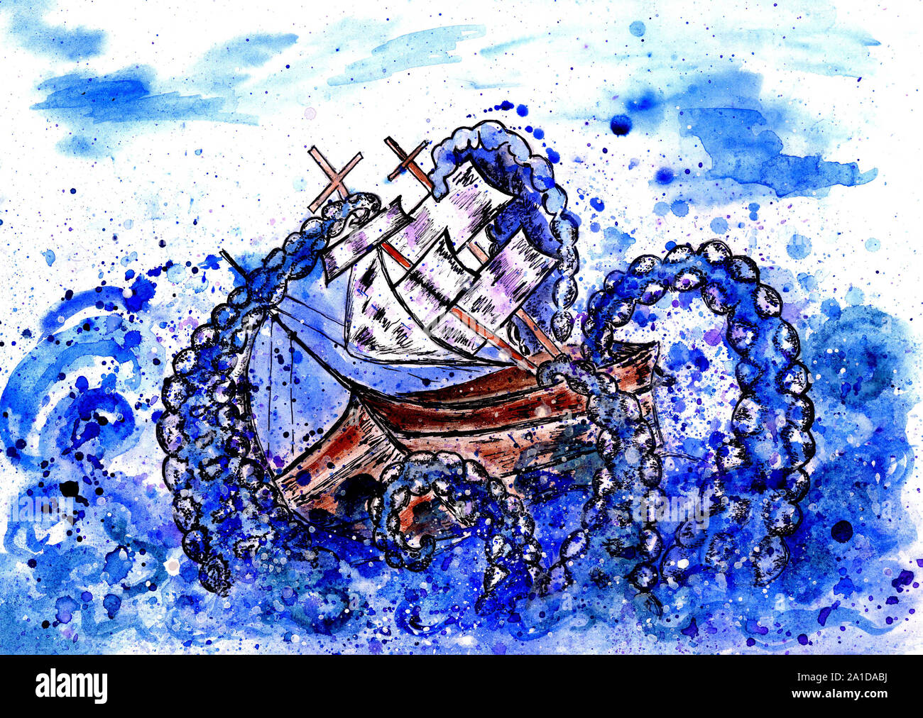 Giant octopus catches sail ship, grunge watercolor illustration Stock ...