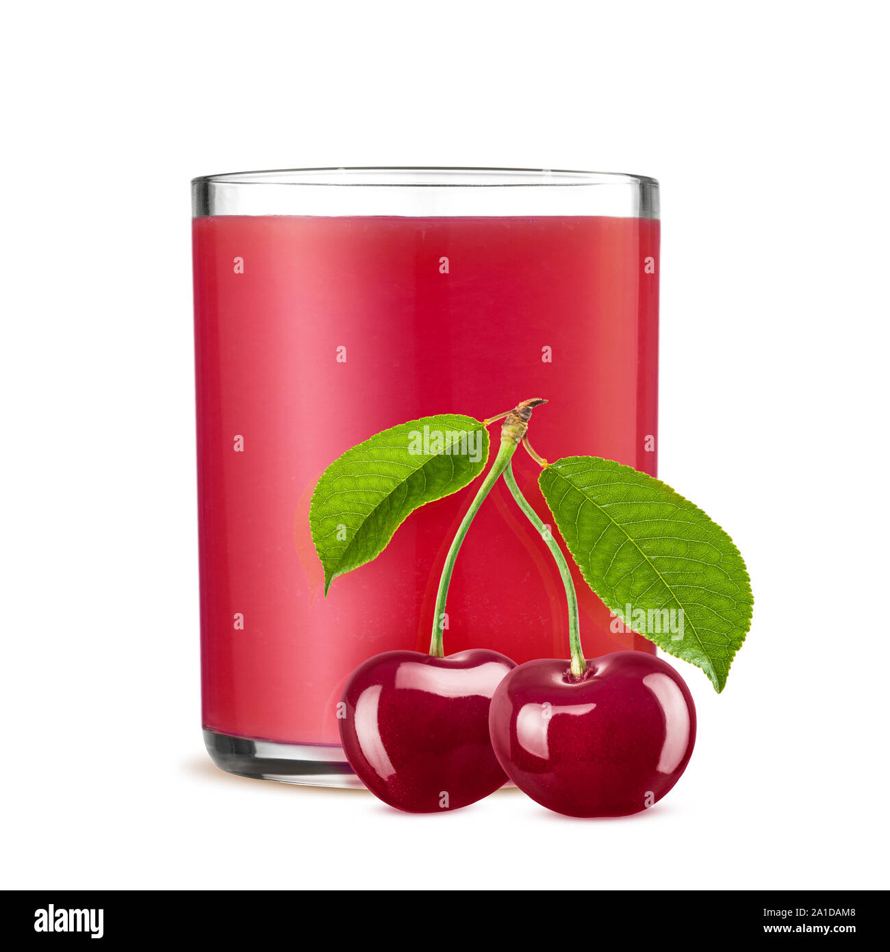 Glass of cherry juice and two cherries isolated on white background
