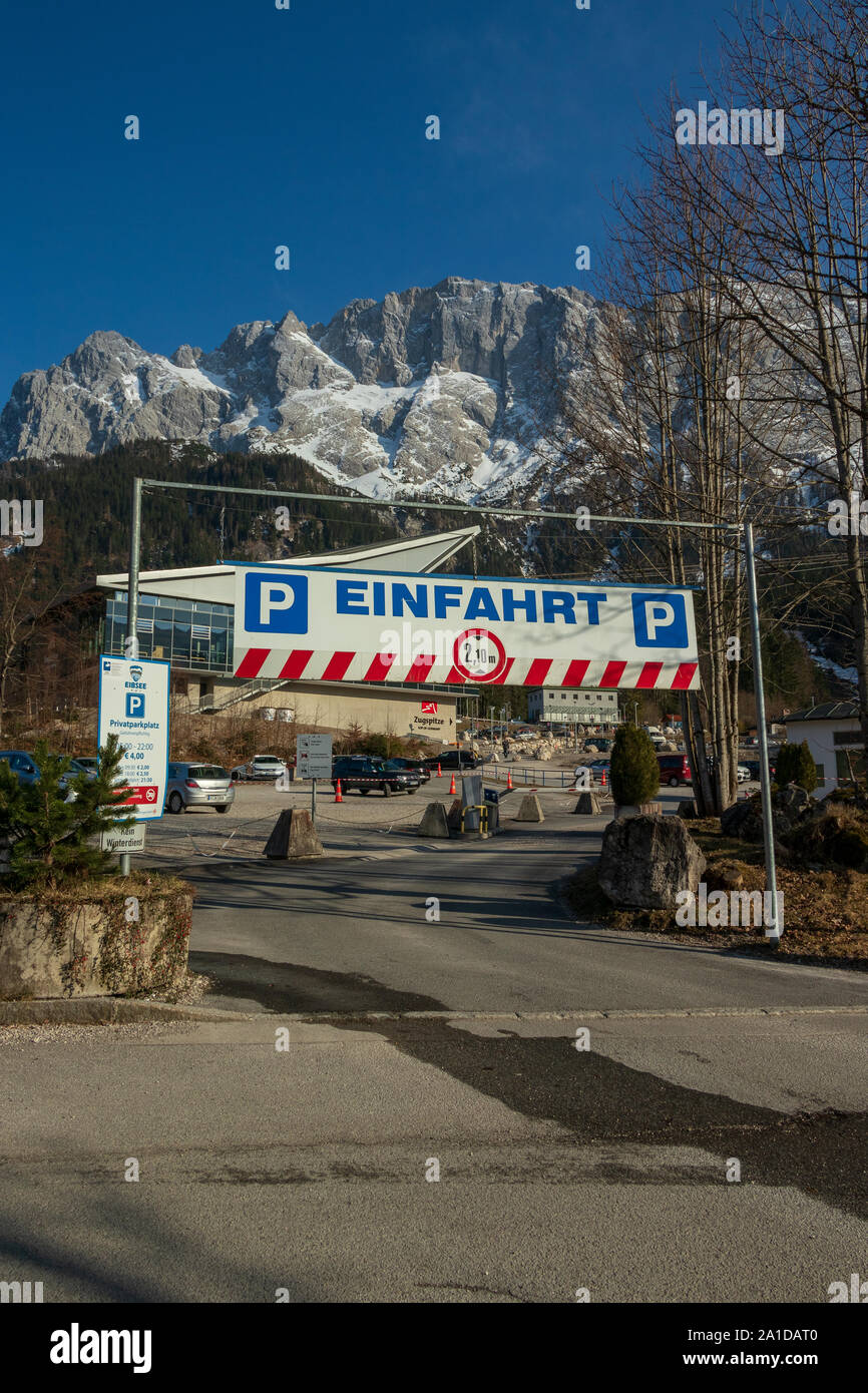 Eibsee, Germany, March 31 car entrance of the Eibsee station for cable