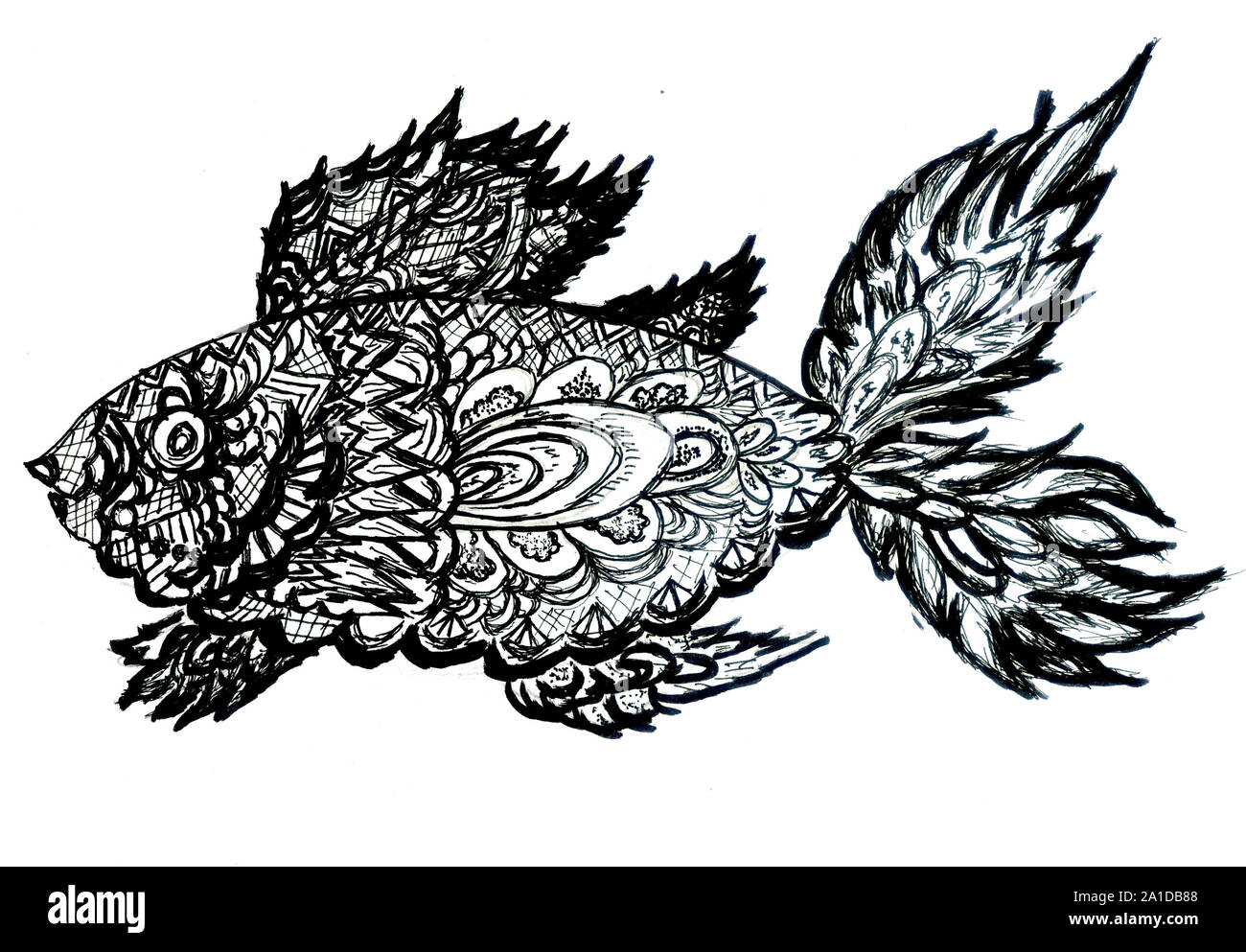 Ornamental graphic fish sketch, abstract zentangle patterns. Stock Photo