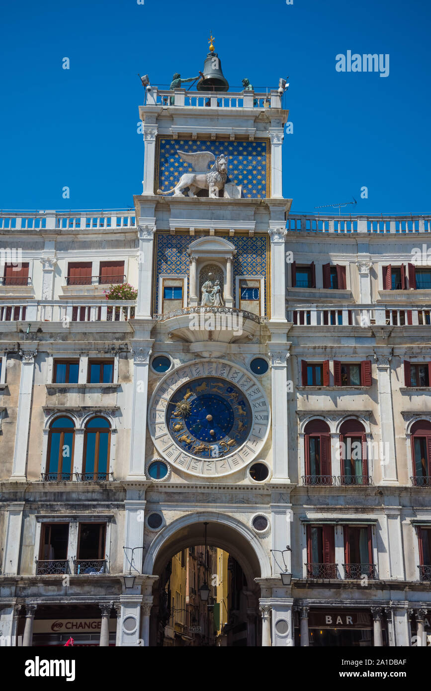 St Mark's Clock is housed in the Clock Tower on the Piazza San Marco aka Saint Mark's Square in Venice, Italy, adjoining the Procuratie Vecchie. The f Stock Photo