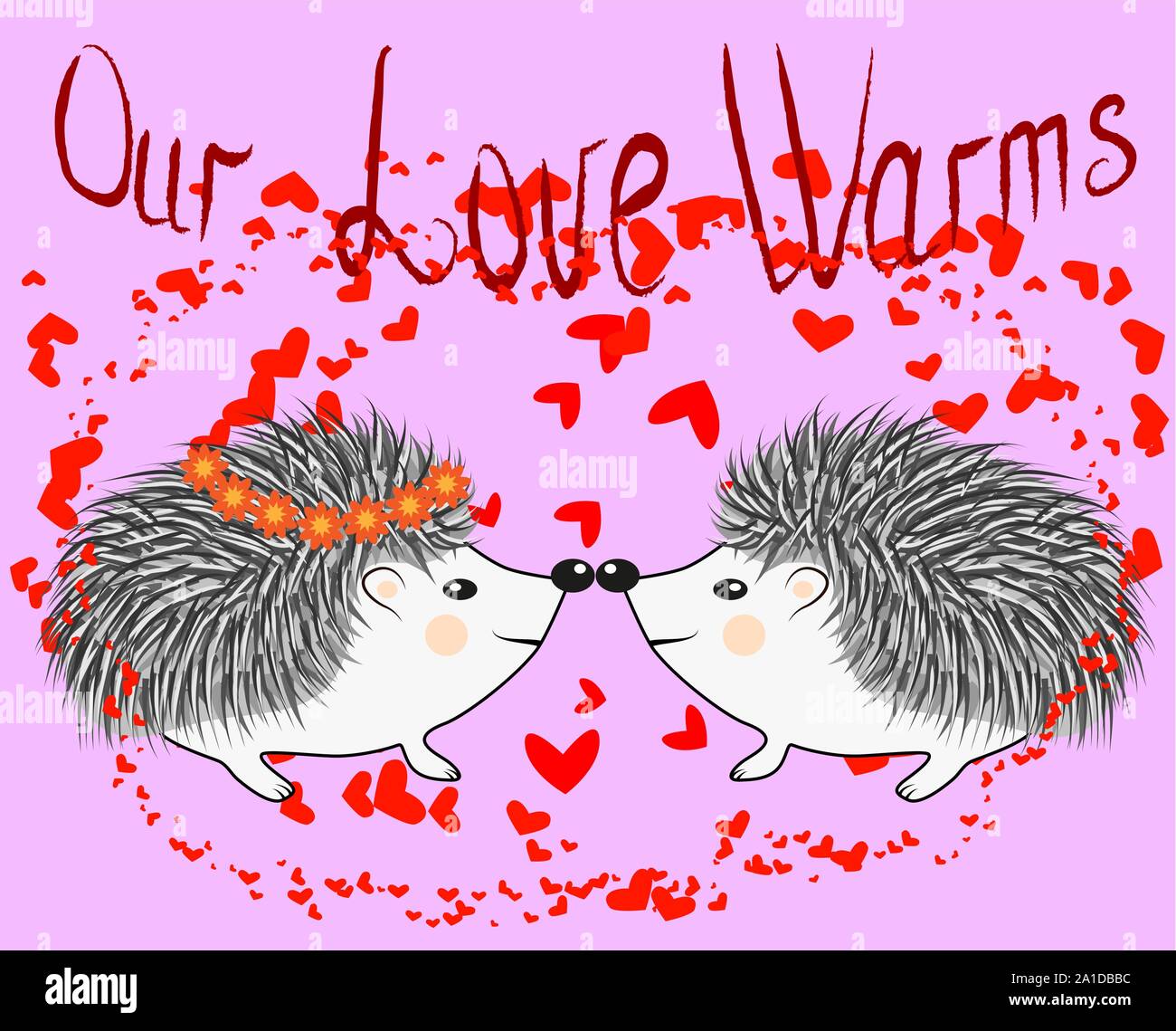 Invitation card with cute cartoon Hedgehogs in love with Heart and ...
