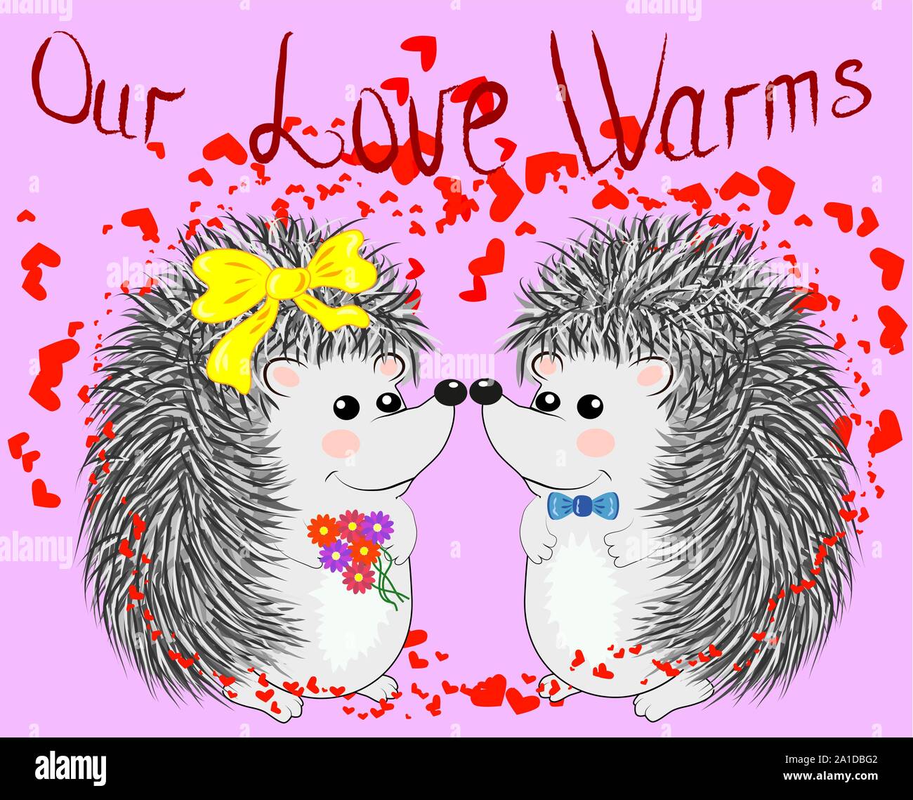 Invitation card with cute cartoon Hedgehogs in love with Heart and ...