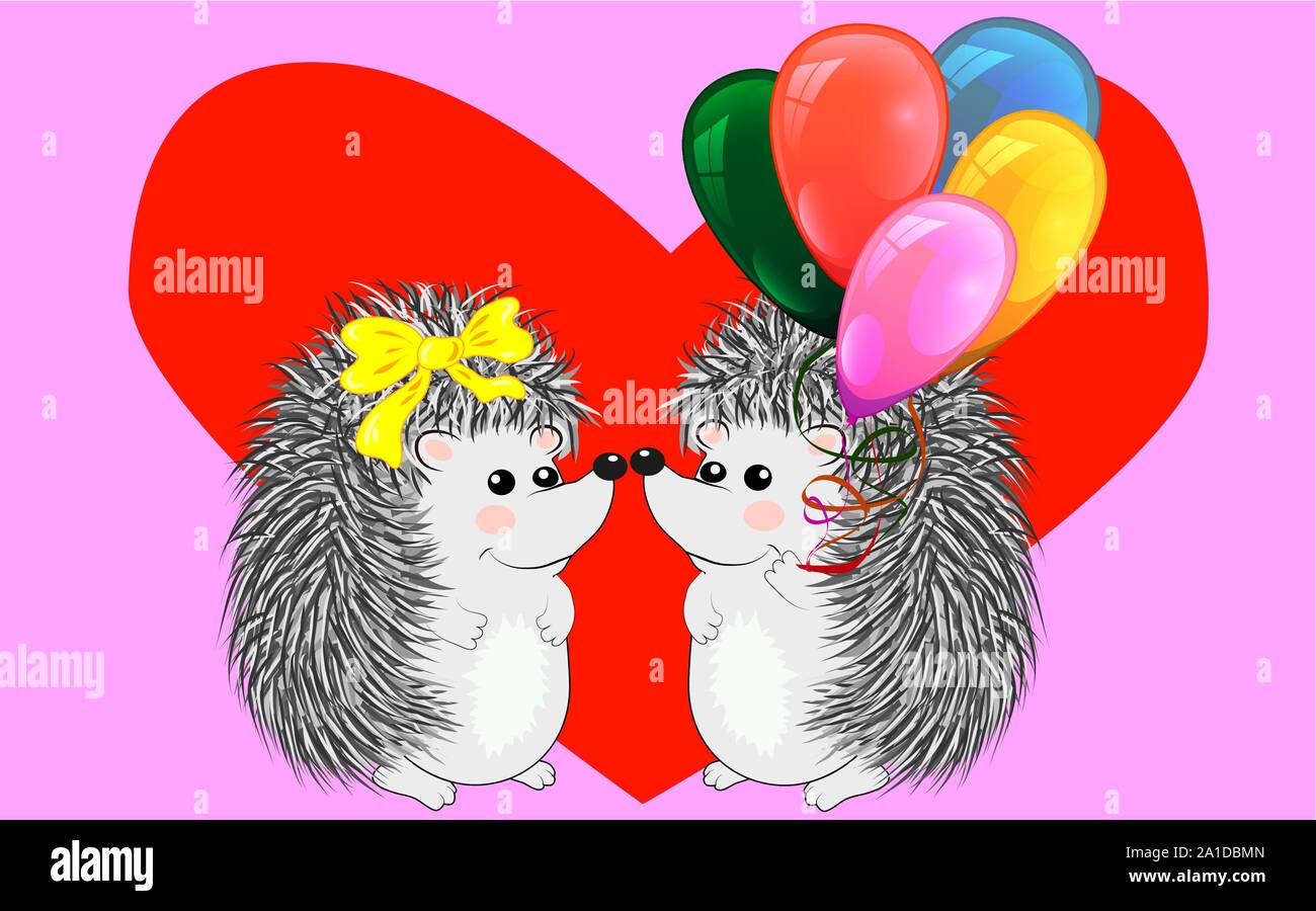 Invitation card with cute cartoon Hedgehogs in love with Heart and ...