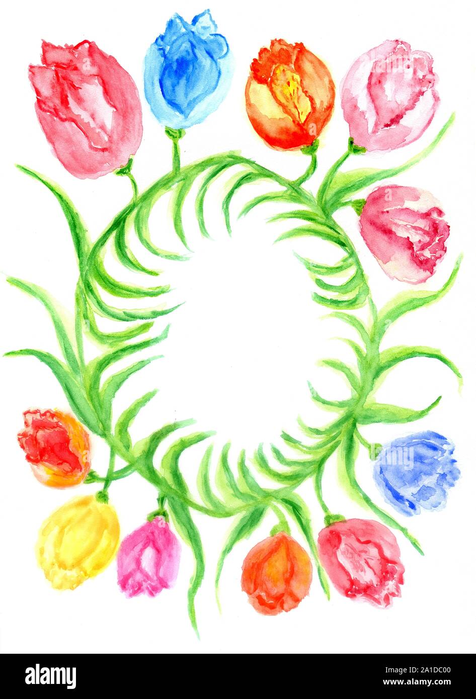 Decorative nature themed frame with flowers in watercolors Stock Photo
