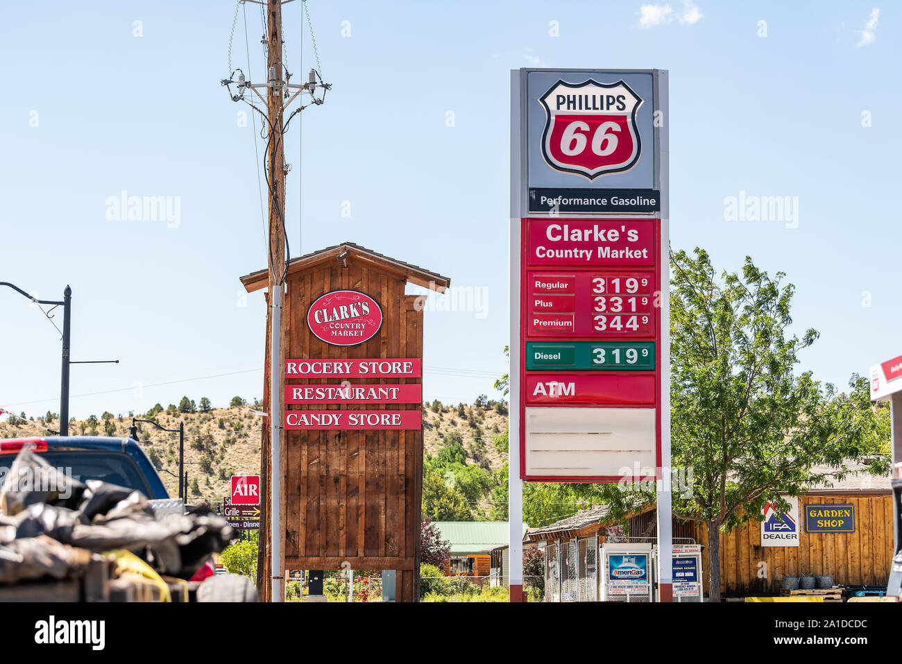 Tropic, USA August 1, 2019 Small tourist town with sign for gas