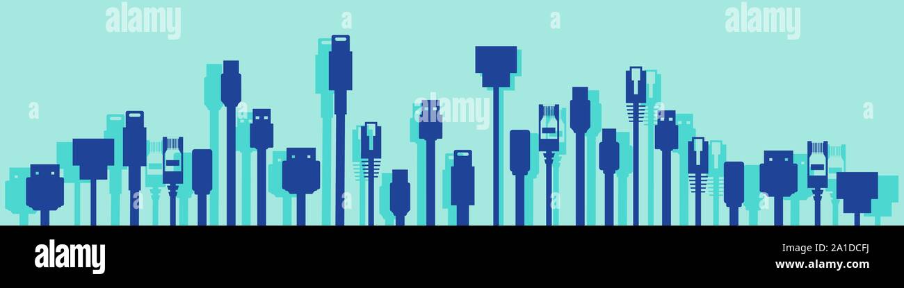 Cables with different plugs like HDMI, USB, ethernet for technology concept vector Stock Vector